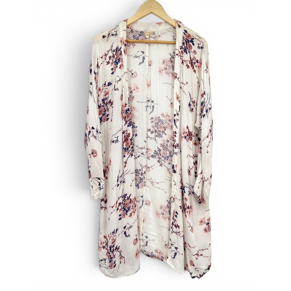 Roxy Floral Crane‎ Print Kimono Cardigan White Navy Pink Viscose  M/L